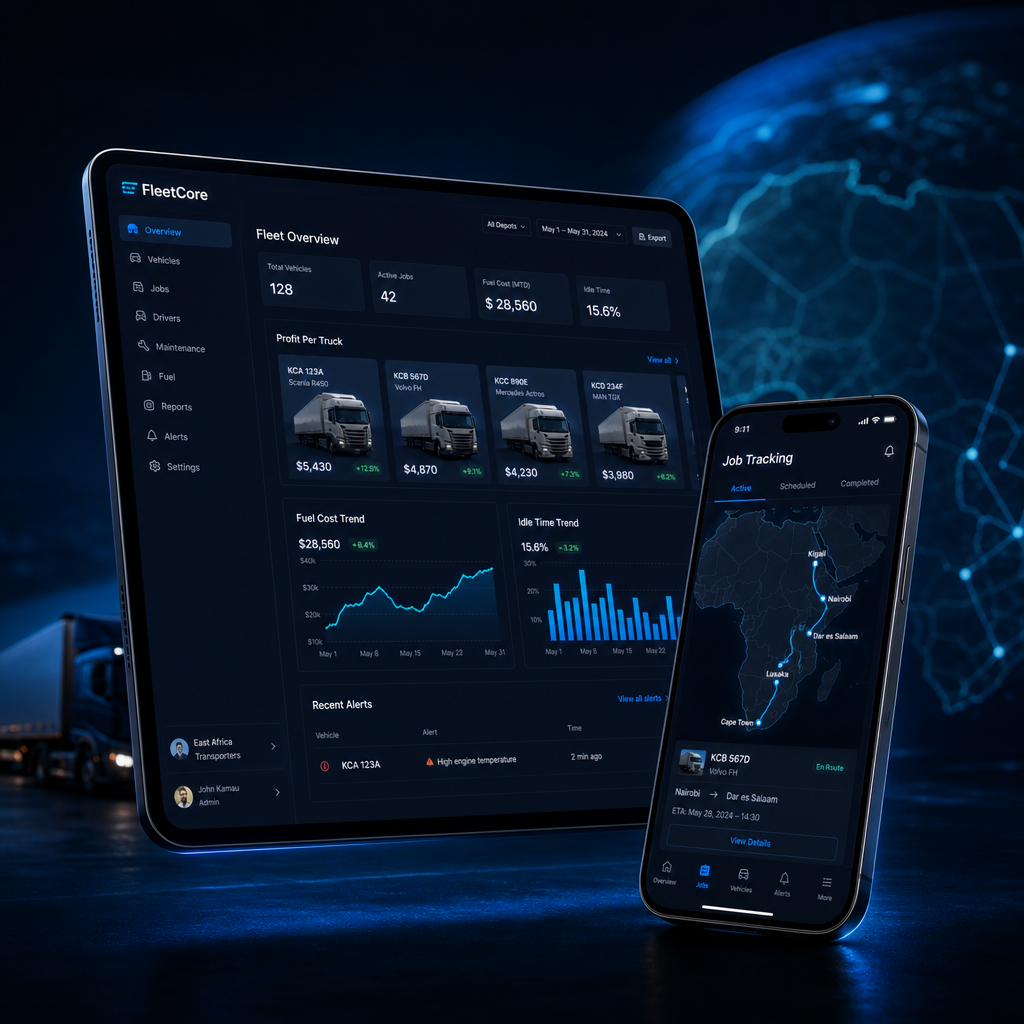 FleetCore ERP showing fleet overview, profit per truck and live job tracking across Africa