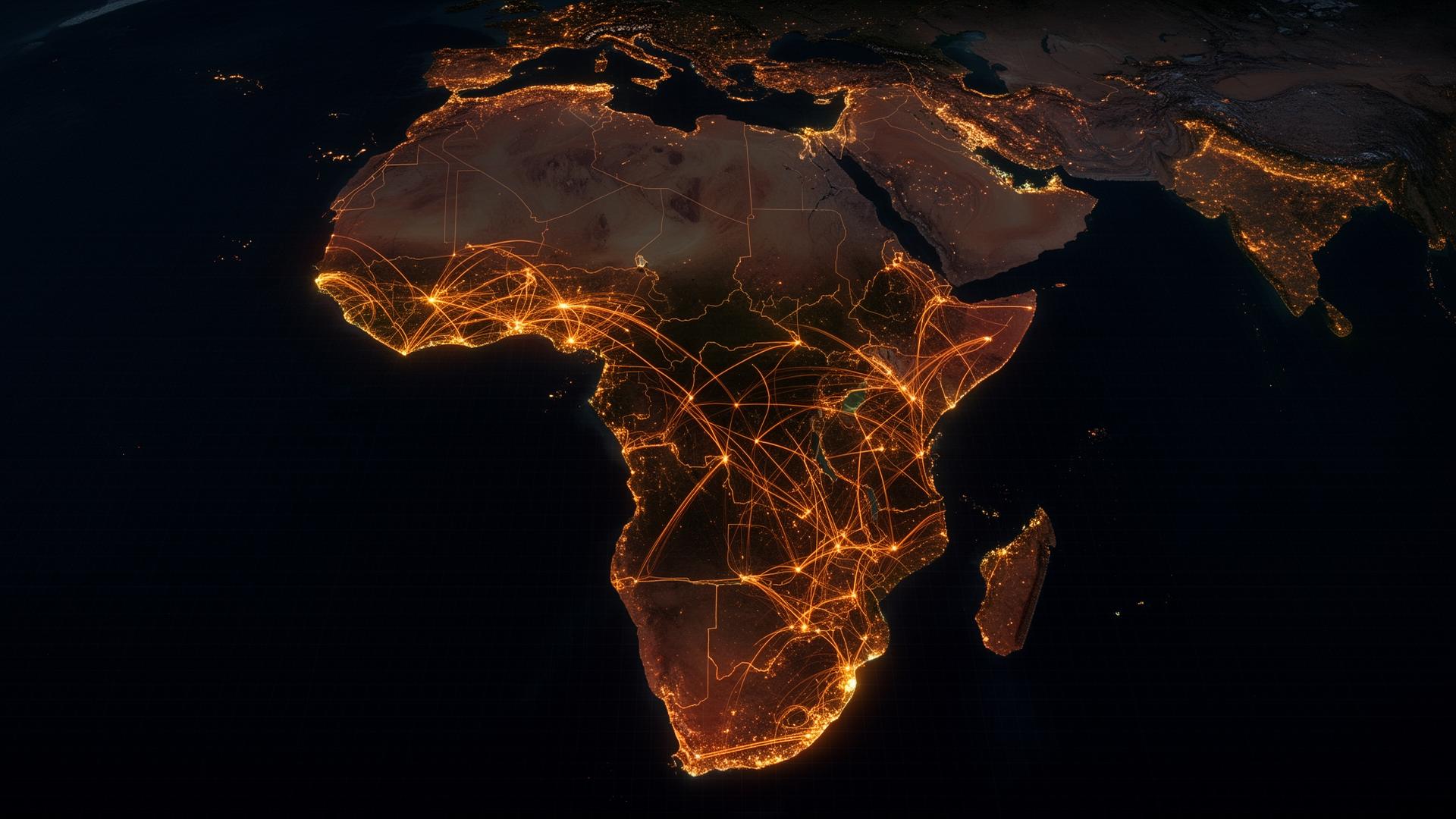 Glowing freight network across Africa at night