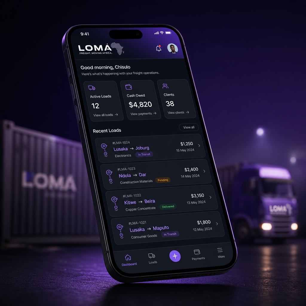 LOMA app showing freight agent dashboard with active loads, cash owed and recent shipments